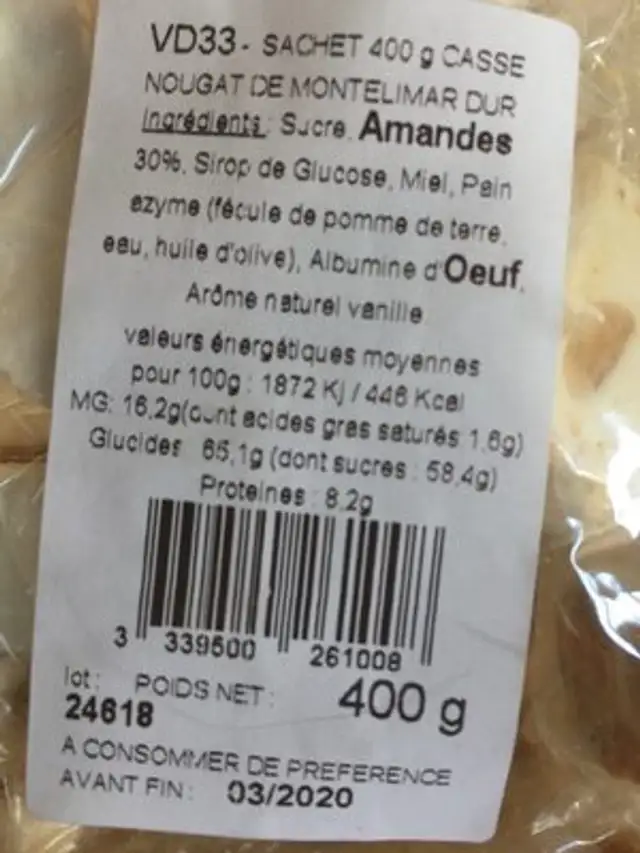 Nougat de Montélimar dur ingredients label