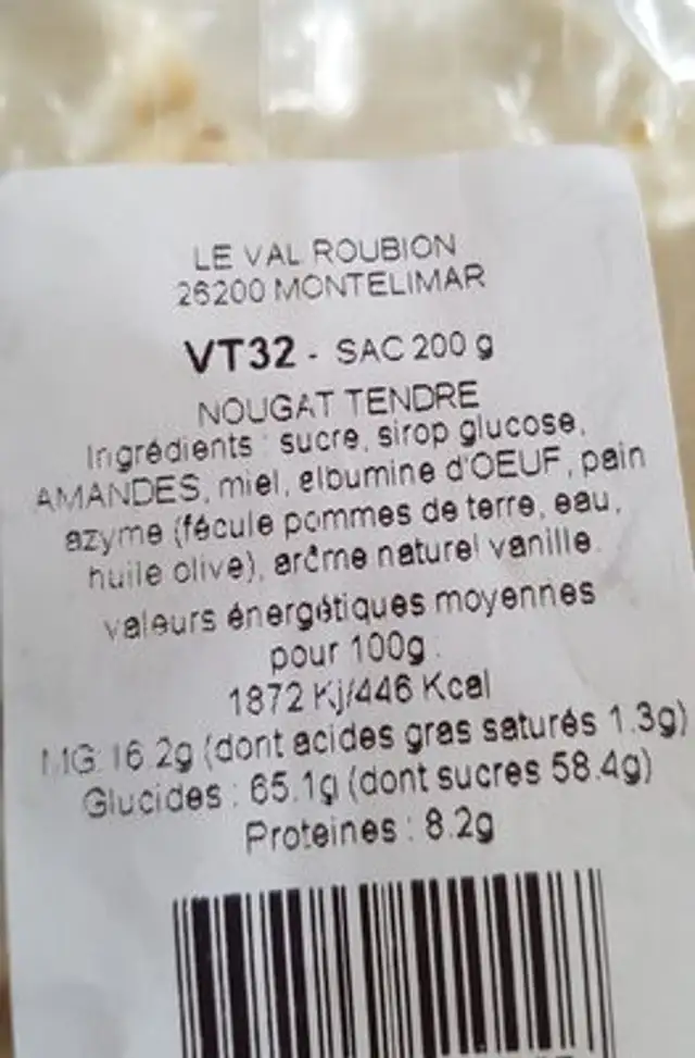 Nougat tendre ingredients label