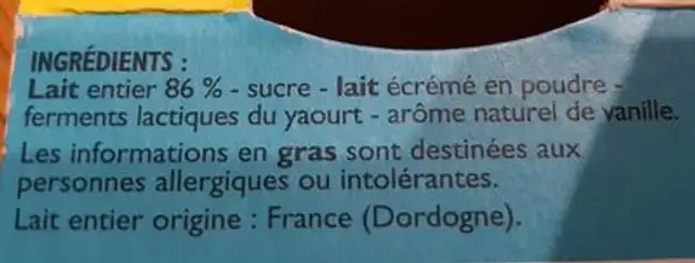 Pechalou yaourt aromatisé vanille de Madagascar ingredients label