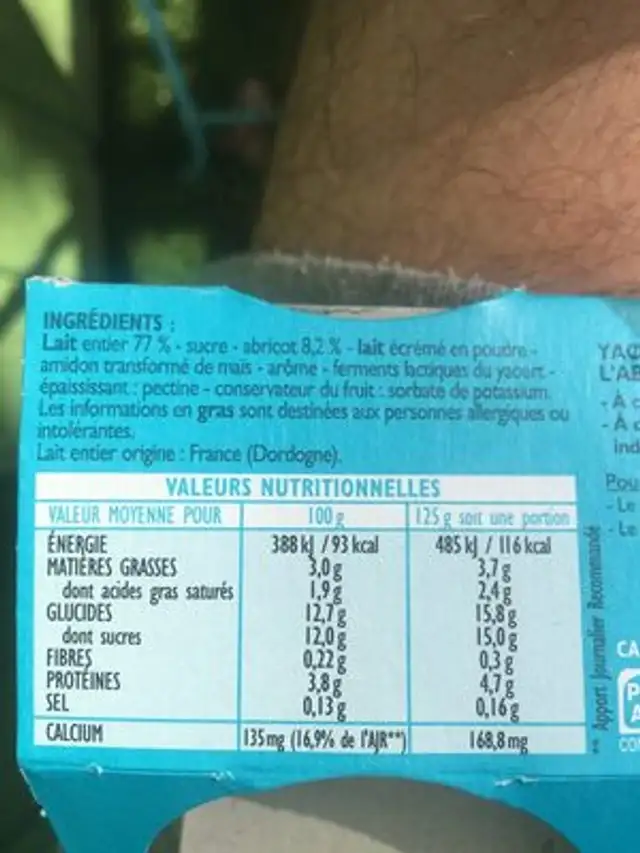 Pechalou abricot ingredients label