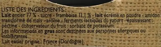 Pechalou, Yaourts au lait entier aromatises a la framboise ingredients label