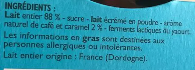 Péchalou café caramel ingredients label