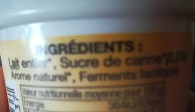 Yaourt artisanal bio ingredients label