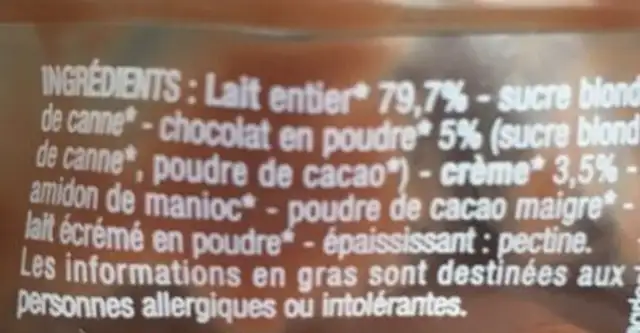 Crème dessert chocolat ingredients label