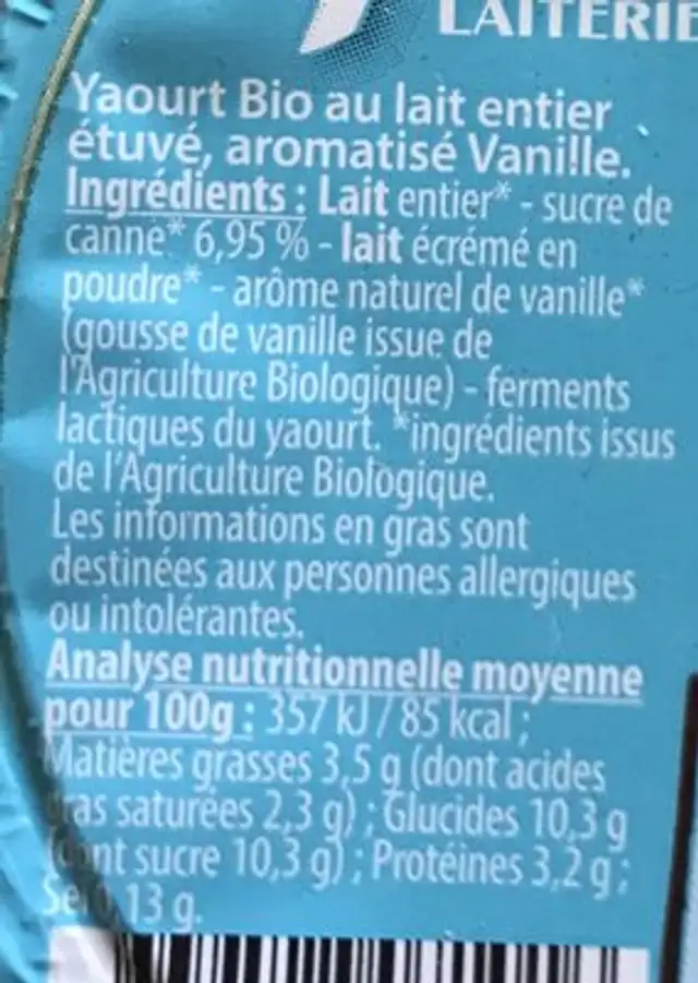 Yaourt bio ingredients label