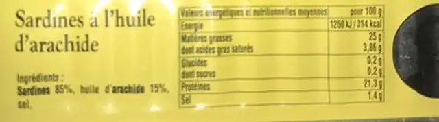 Sardine à l huile d arachide ingredients label