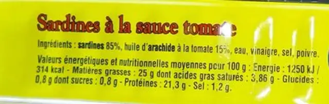 Sardines à la tomate nutrition facts table