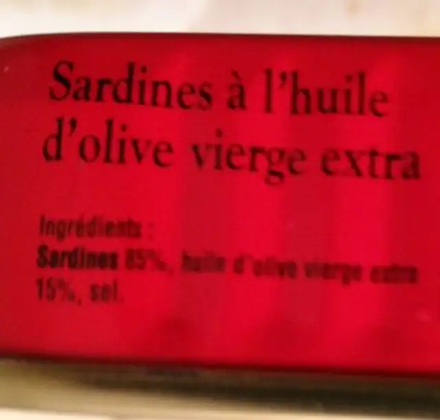 Sardines à l'huile d'olive vierge extra ingredients label