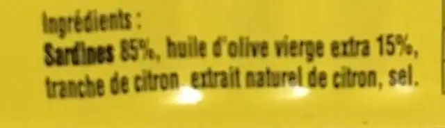 Sardines à L'huile D'olive Vierge Extra Et Citron Millésimées 2015 ingredients label