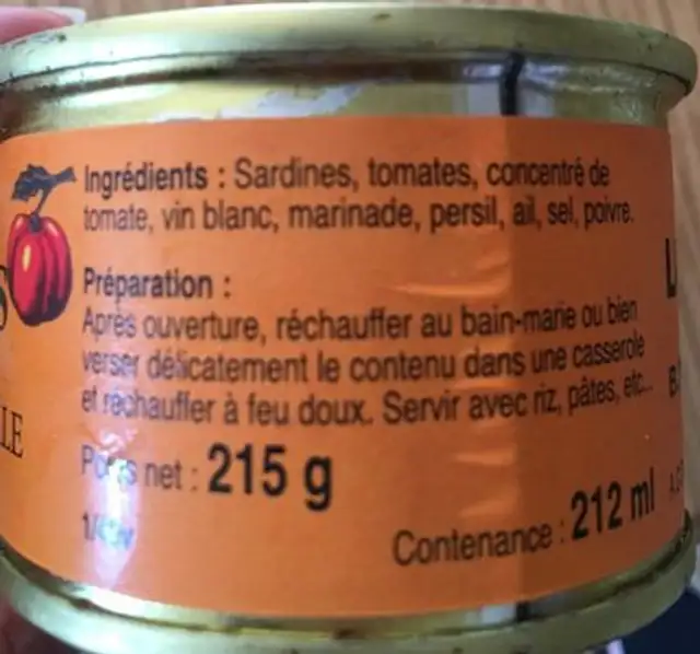 Roulades de sardines ingredients label