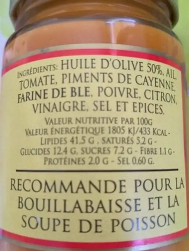 Sauce Rouille à l'huile d'olive ingredients label