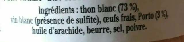 Crème De Thon Au Porto - Derniers Stocks ingredients label