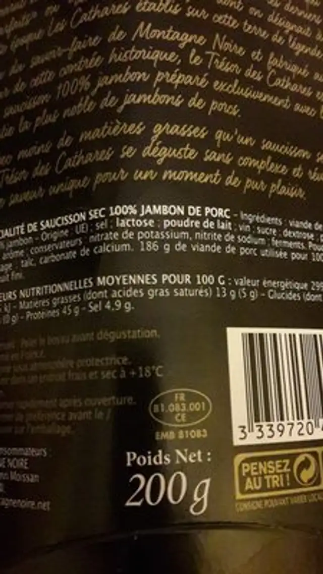 Saucisson 100% jambon porc Sud Ouest MONTAGNE NOIRE, 200G ingredients label