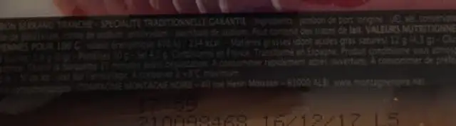 Jambon Serrano, 10 tr. 200 g, "Montagne Noire" ingredients label