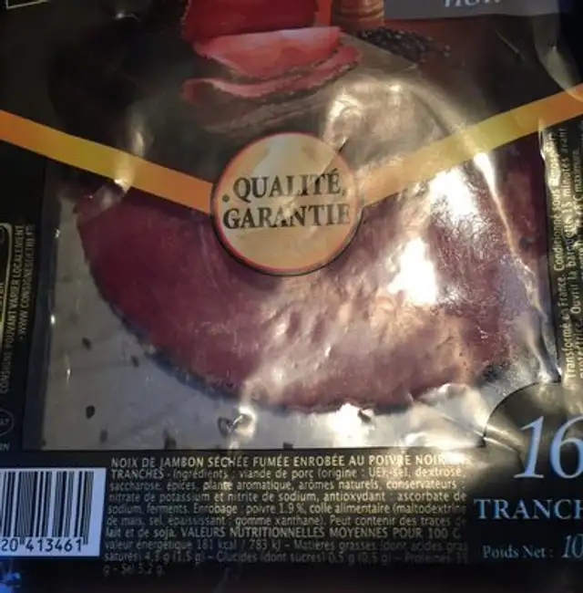 Noix de jambon au poivre noir MONTAGNE NOIRE ingredients label