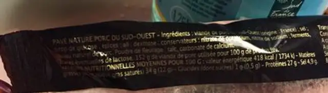 Petit pavé nature porc du Sud Ouest MONTAGNE NOIRE ingredients label