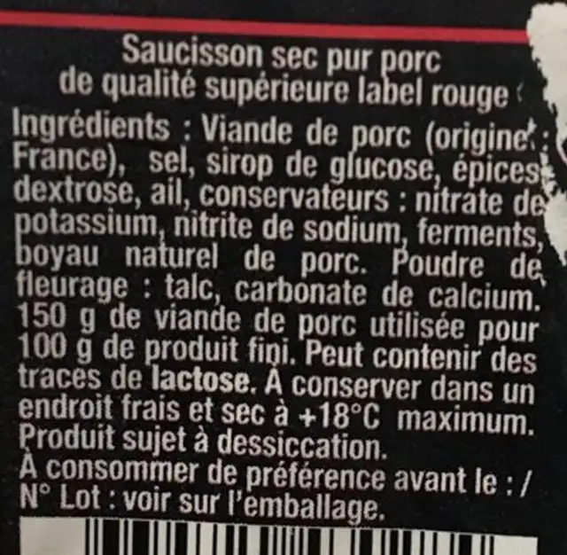 Saucisson sec ingredients label