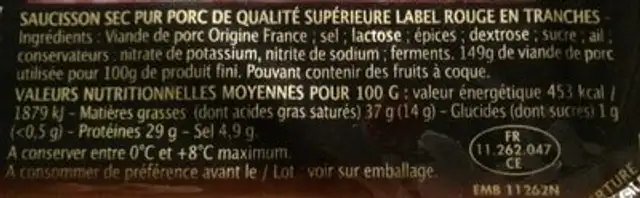 Saucisson sec nutrition facts table