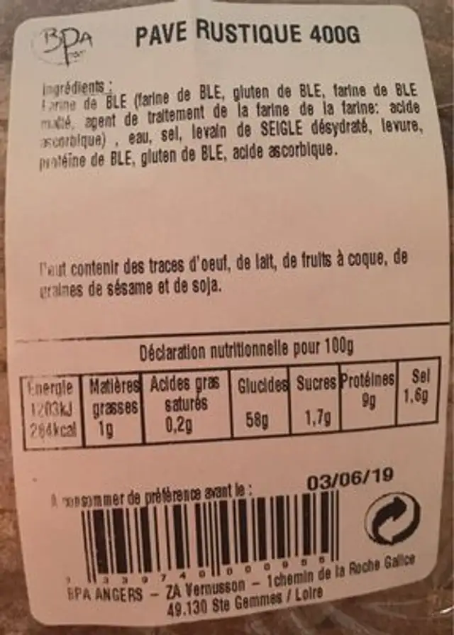 Pain Rustycn400 grammes ingredients label