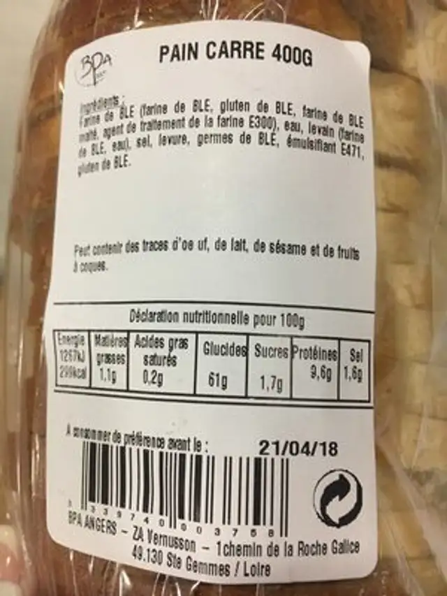 Pain carré 440g ingredients label