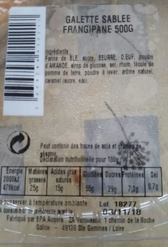 Galette sablée frangipane 500g ingredients label