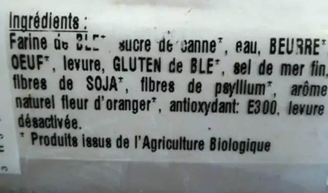Couronne briocheey ingredients label