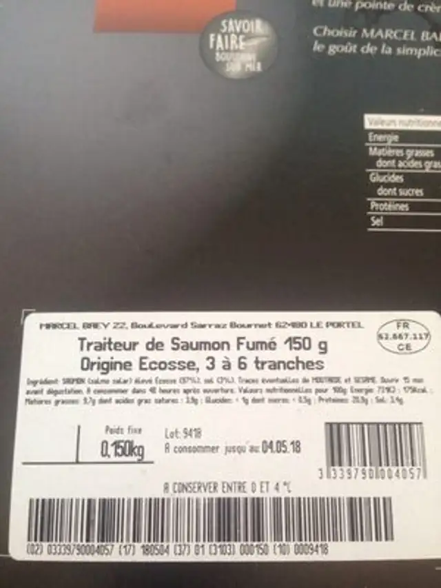 Saumon atlantique Fumé ingredients label