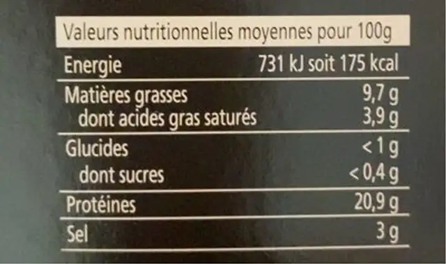 Saumon atlantique Fumé nutrition facts table