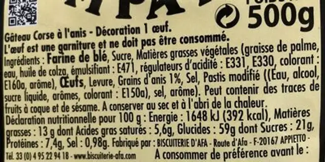 Caccavellu ingredients label
