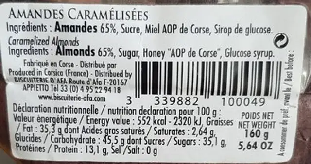 Amandes ingredients label