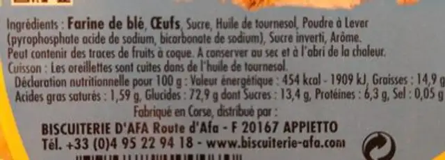 Frisgetti Oreillettes nutrition facts table