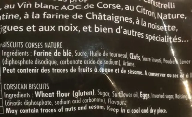 Canistrelli ingredients label