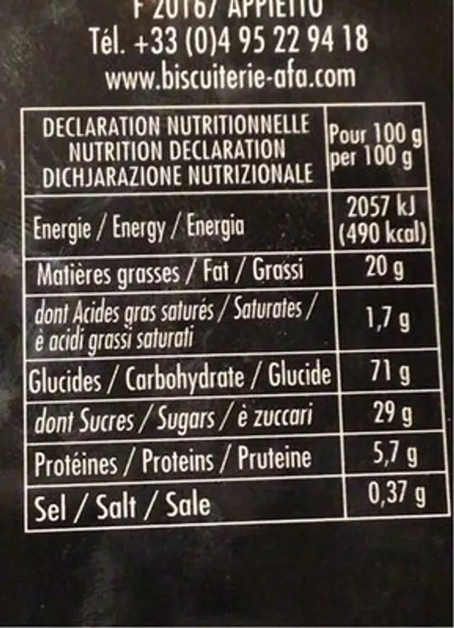 Biscuit corse Canistrelli nature nutrition facts table