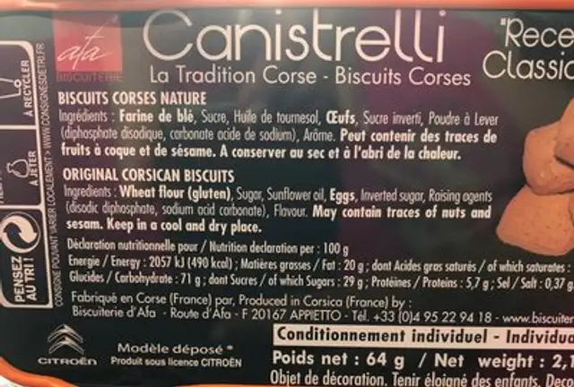 Canistrelli "recette classique" ingredients label