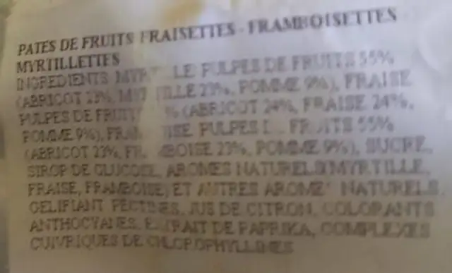Pate de fruit fraisettes framboisettes myrtillettes ingredients label
