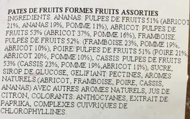 Pâtes de fruits ingredients label