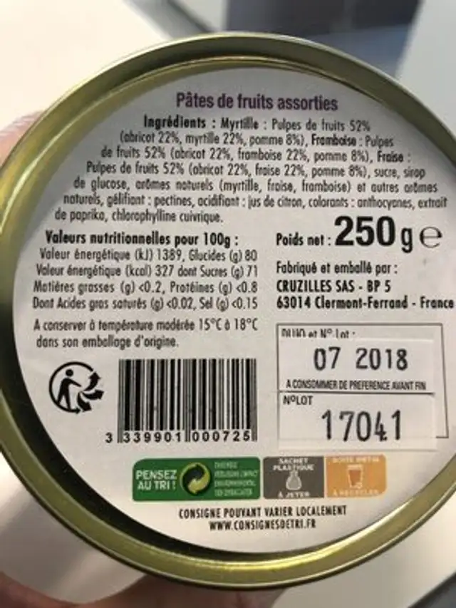 Pates De Fruits d'Auvergne ingredients label