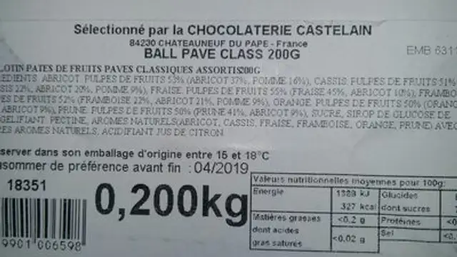 Pâtes de fruits ingredients label