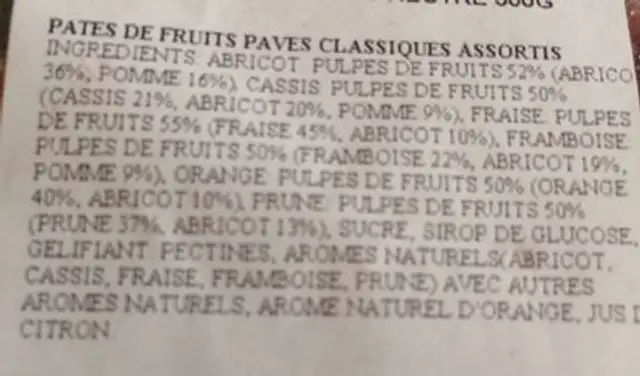 Pates de fruits d'Auvergne ingredients label