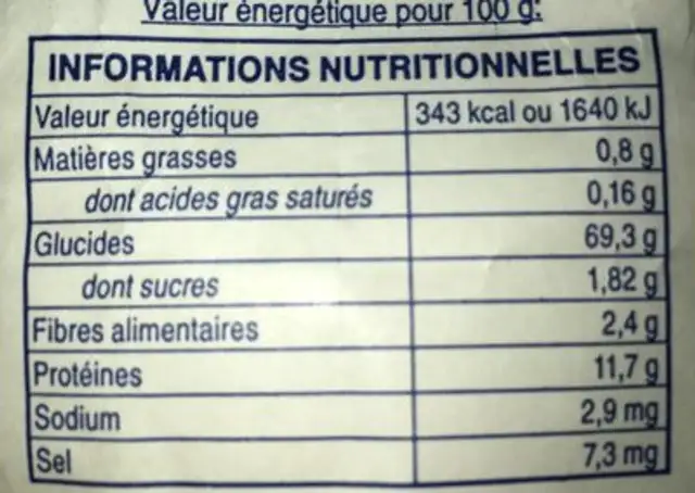 Farine de blé type 55 nutrition facts table