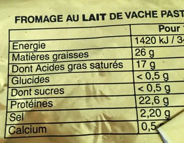Maroilles nutrition facts table