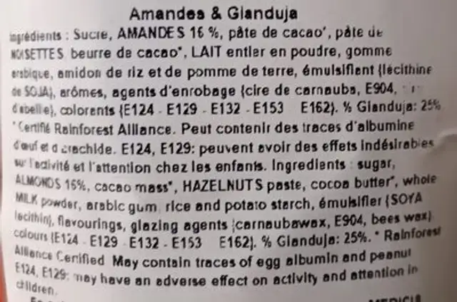 Galet gianduja ingredients label
