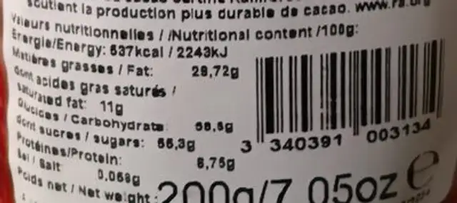 Galet gianduja nutrition facts table