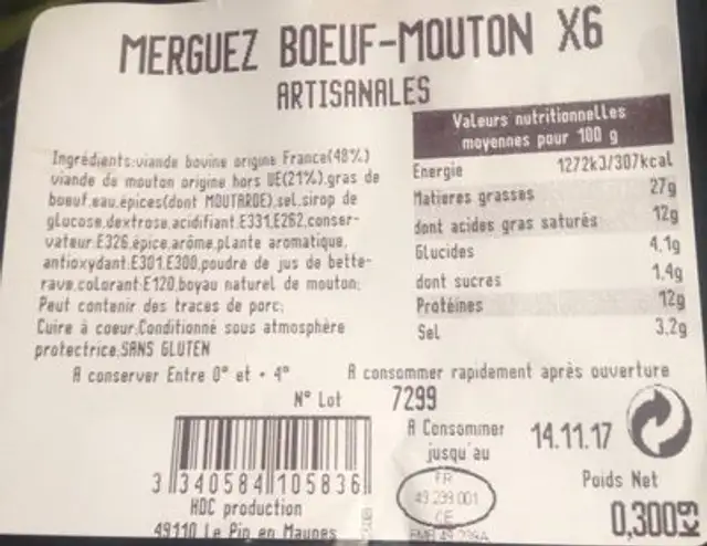 Merguez boeuf mouton ingredients label