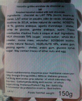 Noisettes au chocolat au lait nutrition facts table