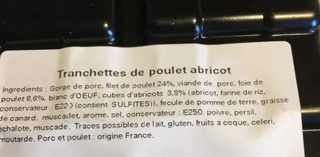 Tranchettes de paté de poulet à l'abricot ingredients label