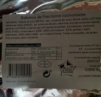 Ballotine de porc forme cochonnette nutrition facts table
