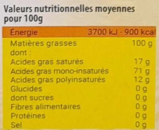 Huile de Olive Vierge Extra nutrition facts table