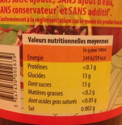 Jus de grenade bio nutrition facts table