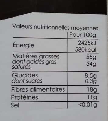 Pure pâte de cacao bio nutrition facts table